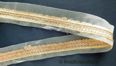 Beige Sheer Fabric Trim Embroidered With Beige Silk Thread And Glitter Copper Sequins, Approx. 33mm Wide